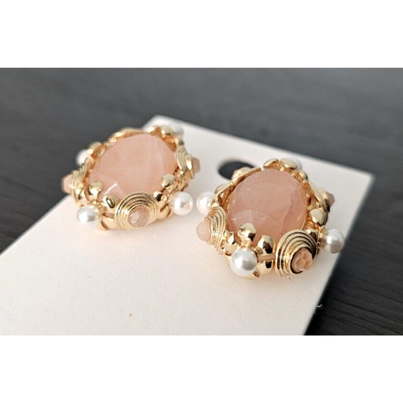 Express Pearl Embellished Stone Oval Stud Earrings Pink White Gold - Picture 6 of 9